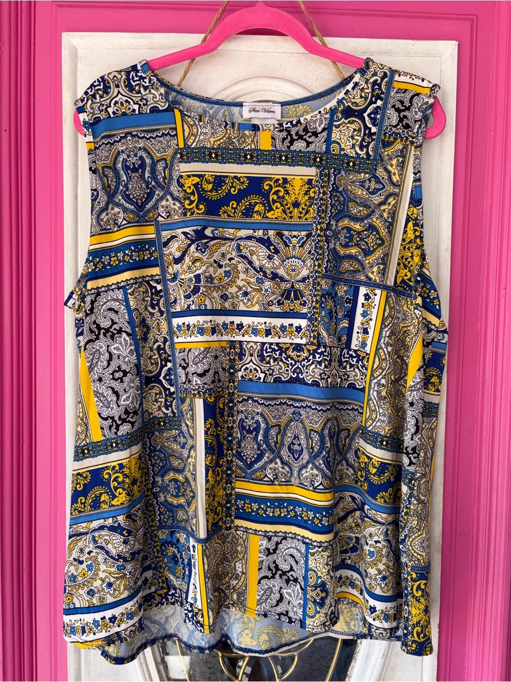 Star Vixen Blue and Yellow Paisley Patchwork Sleeveless Top